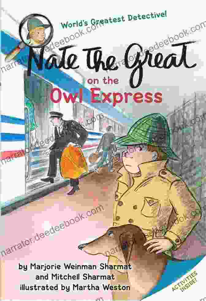 Nate The Great And Sludge Are Riding On The Owl Express Train. Nate Is Looking Out The Window At The Owls Flying By. Sludge Is Looking Up At Nate With A Curious Expression. Nate The Great On The Owl Express